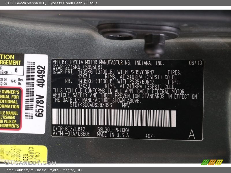 Cypress Green Pearl / Bisque 2013 Toyota Sienna XLE