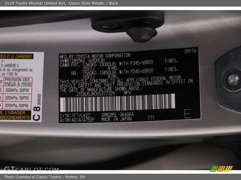 Classic Silver Metallic / Black 2016 Toyota 4Runner Limited 4x4