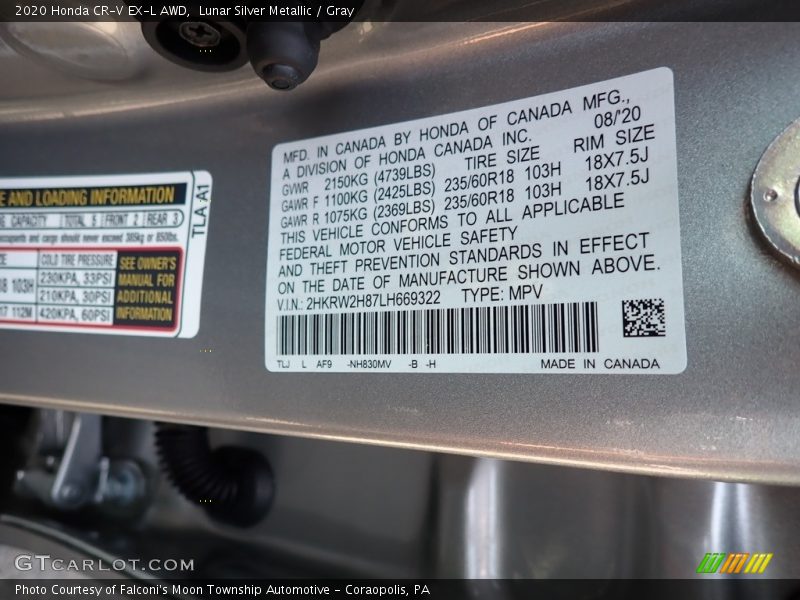 2020 CR-V EX-L AWD Lunar Silver Metallic Color Code NH830MV