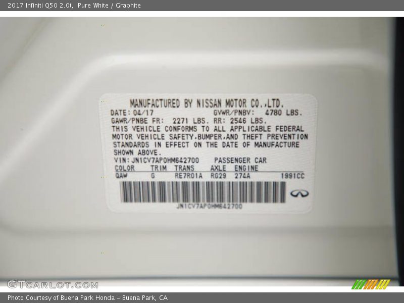2017 Q50 2.0t Pure White Color Code QAW