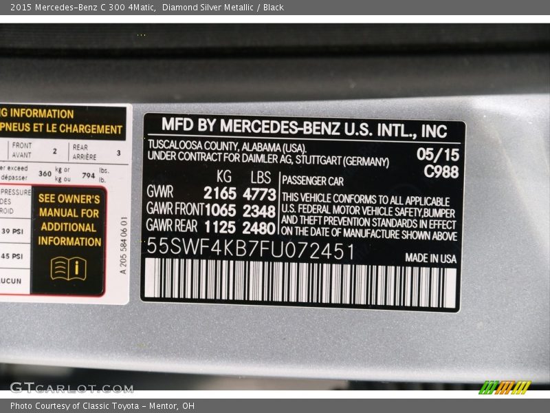 2015 C 300 4Matic Diamond Silver Metallic Color Code 988