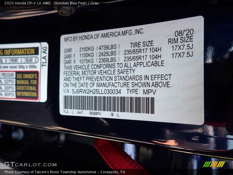 Obsidian Blue Pearl / Gray 2020 Honda CR-V LX AWD