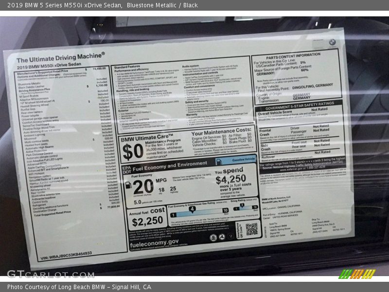  2019 5 Series M550i xDrive Sedan Window Sticker