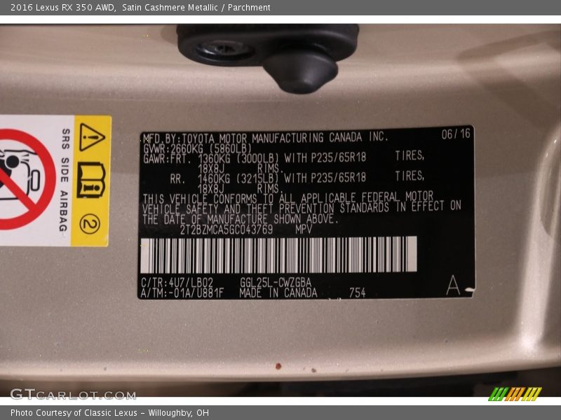 2016 RX 350 AWD Satin Cashmere Metallic Color Code 4U7