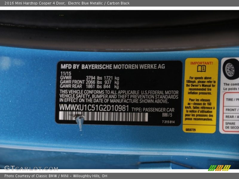 Electric Blue Metallic / Carbon Black 2016 Mini Hardtop Cooper 4 Door