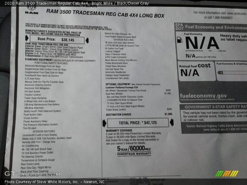Bright White / Black/Diesel Gray 2020 Ram 3500 Tradesman Regular Cab 4x4