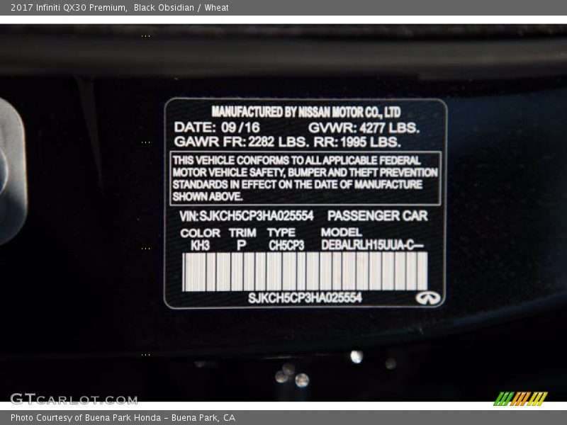 2017 QX30 Premium Black Obsidian Color Code KH3