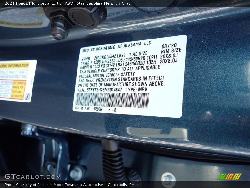 2021 Pilot Special Edition AWD Steel Sapphire Metallic Color Code B600M