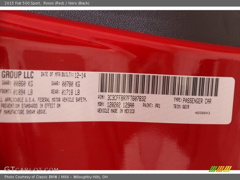2015 500 Sport Rosso (Red) Color Code PR1