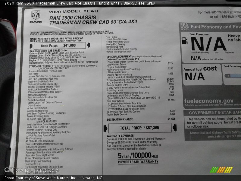 Bright White / Black/Diesel Gray 2020 Ram 3500 Tradesman Crew Cab 4x4 Chassis
