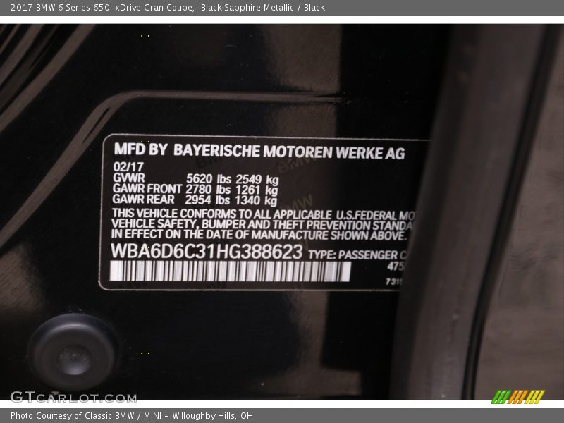 Black Sapphire Metallic / Black 2017 BMW 6 Series 650i xDrive Gran Coupe
