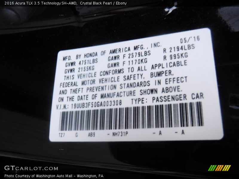 Crystal Black Pearl / Ebony 2016 Acura TLX 3.5 Technology SH-AWD