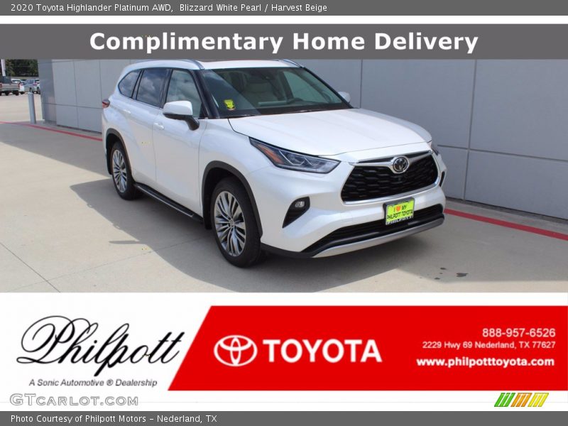 Blizzard White Pearl / Harvest Beige 2020 Toyota Highlander Platinum AWD