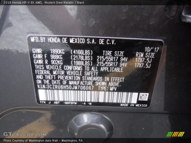Modern Steel Metallic / Black 2018 Honda HR-V EX AWD