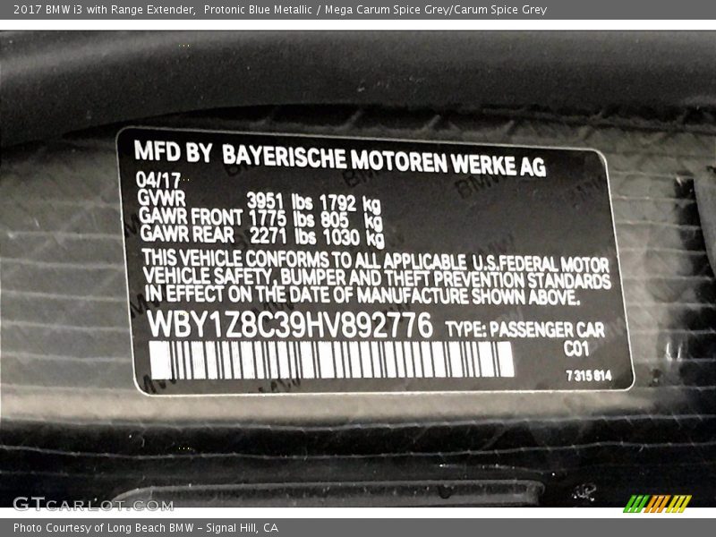 Protonic Blue Metallic / Mega Carum Spice Grey/Carum Spice Grey 2017 BMW i3 with Range Extender