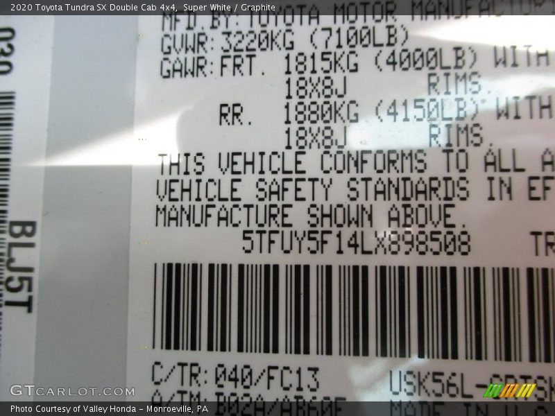 Super White / Graphite 2020 Toyota Tundra SX Double Cab 4x4