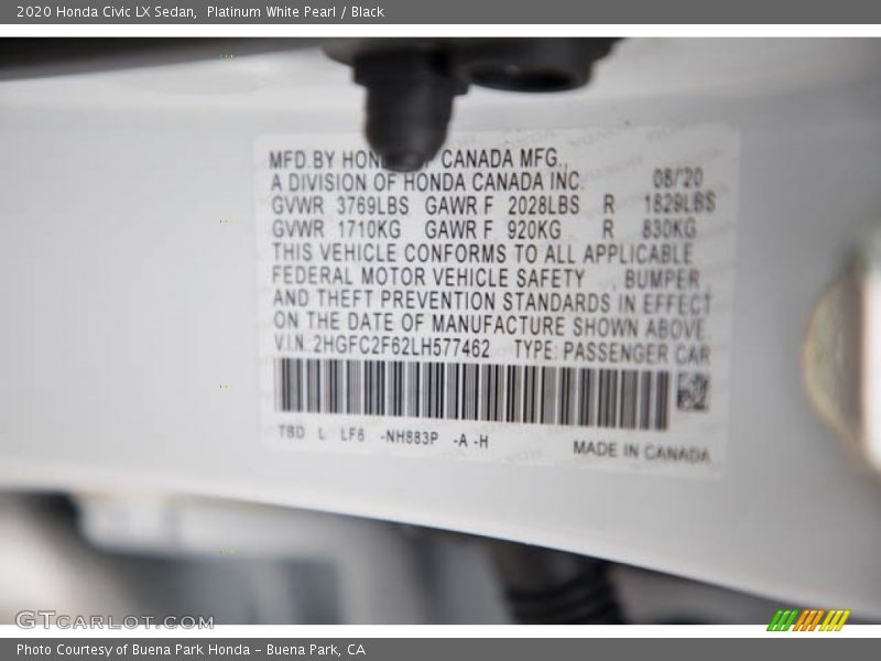 Platinum White Pearl / Black 2020 Honda Civic LX Sedan