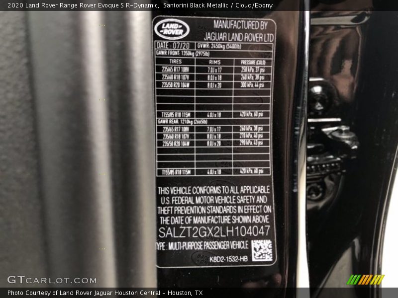 Santorini Black Metallic / Cloud/Ebony 2020 Land Rover Range Rover Evoque S R-Dynamic