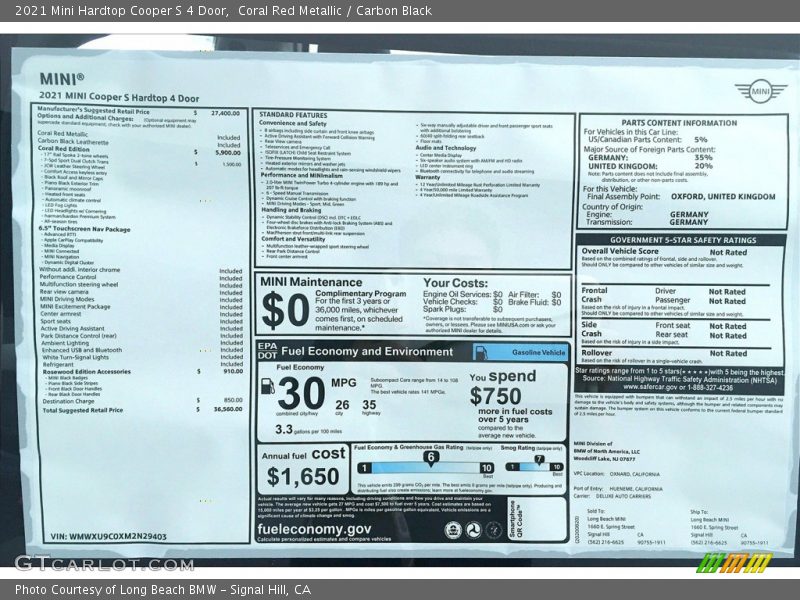  2021 Hardtop Cooper S 4 Door Window Sticker