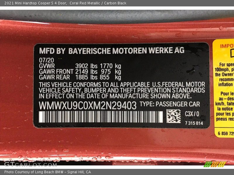 2021 Hardtop Cooper S 4 Door Coral Red Metallic Color Code C3X