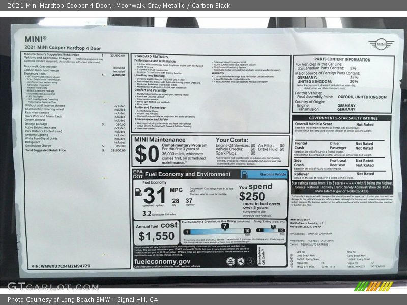  2021 Hardtop Cooper 4 Door Window Sticker