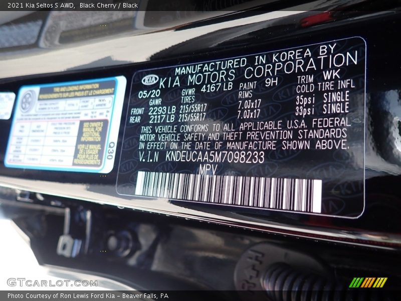 2021 Seltos S AWD Black Cherry Color Code 9H