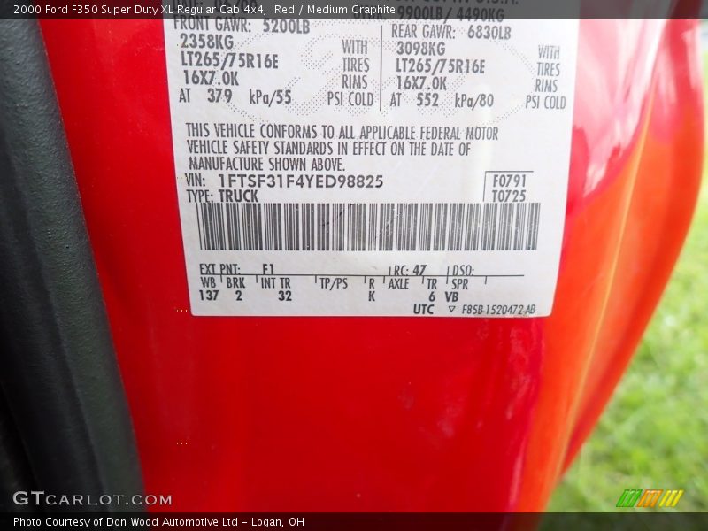 2000 F350 Super Duty XL Regular Cab 4x4 Red Color Code F1