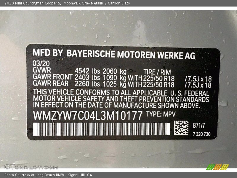 2020 Countryman Cooper S Moonwalk Gray Metallic Color Code B71