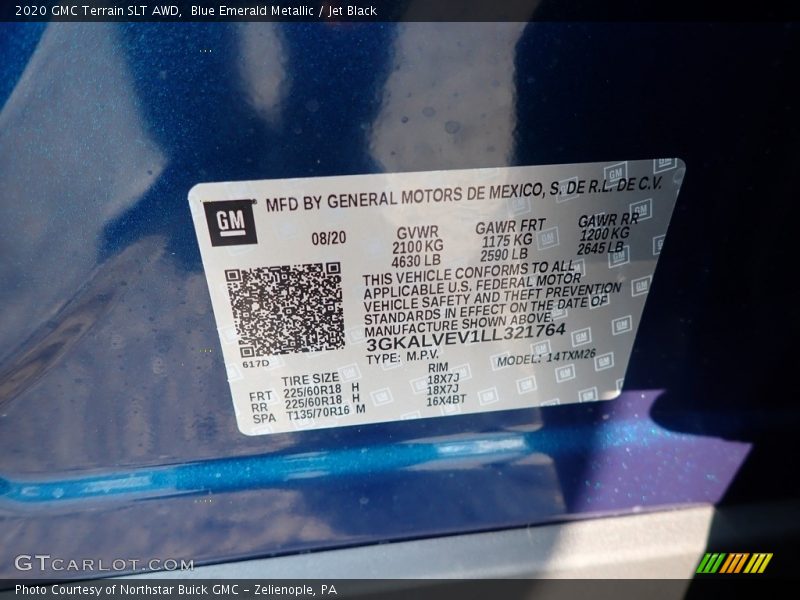 Blue Emerald Metallic / Jet Black 2020 GMC Terrain SLT AWD