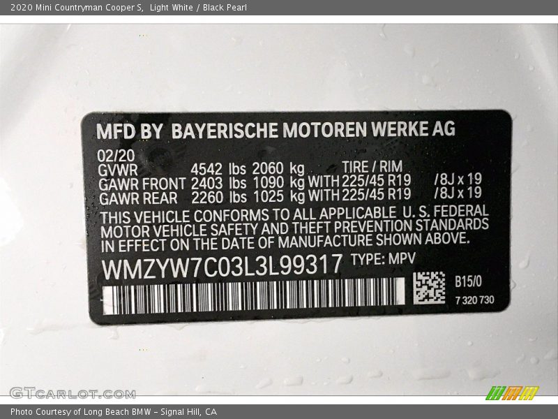 2020 Countryman Cooper S Light White Color Code B15