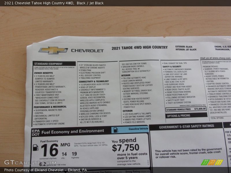  2021 Tahoe High Country 4WD Window Sticker