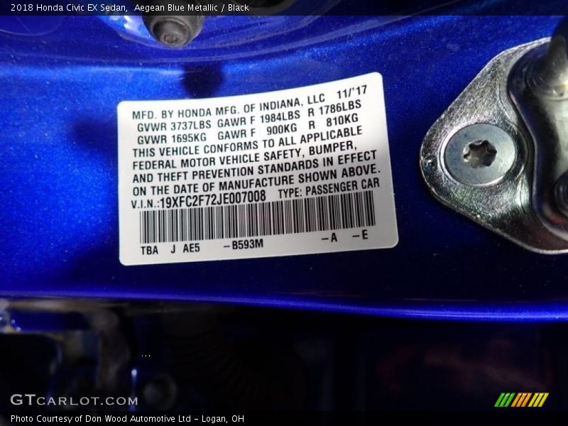 Aegean Blue Metallic / Black 2018 Honda Civic EX Sedan