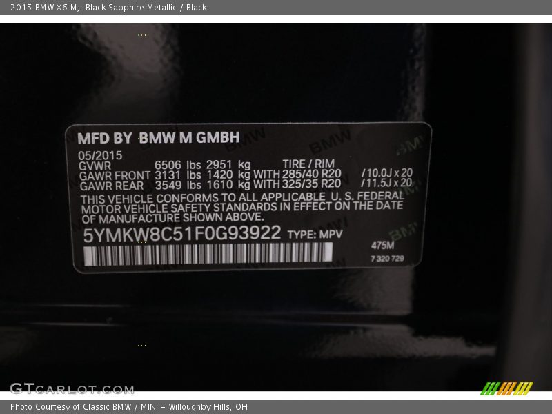Black Sapphire Metallic / Black 2015 BMW X6 M