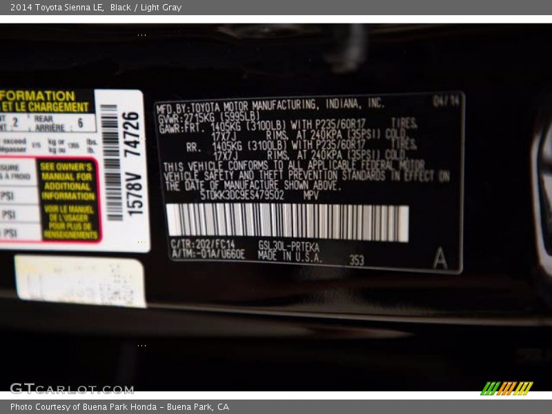 Black / Light Gray 2014 Toyota Sienna LE
