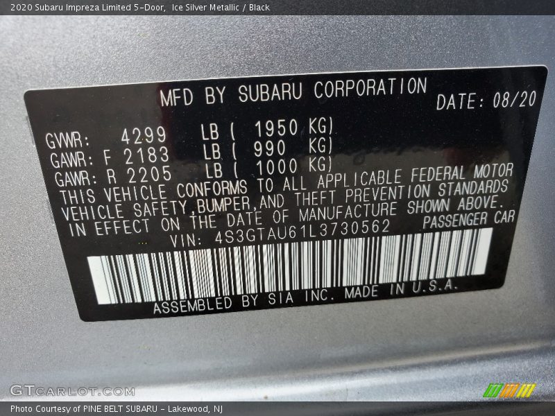 Ice Silver Metallic / Black 2020 Subaru Impreza Limited 5-Door