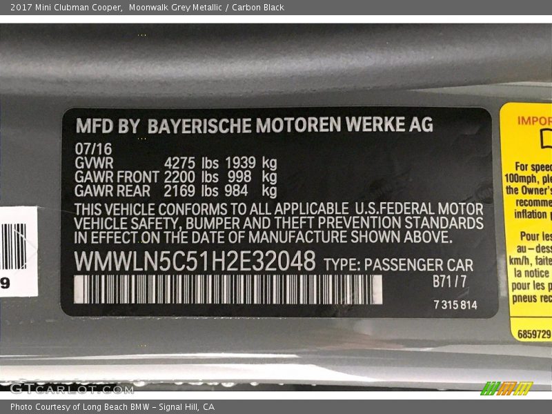 Moonwalk Grey Metallic / Carbon Black 2017 Mini Clubman Cooper