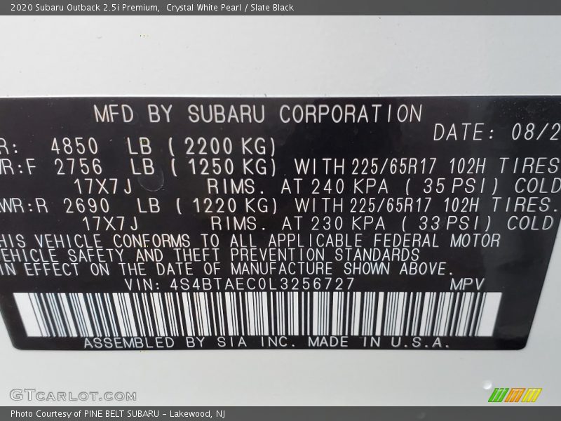 Crystal White Pearl / Slate Black 2020 Subaru Outback 2.5i Premium