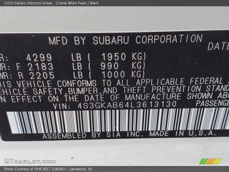 Crystal White Pearl / Black 2020 Subaru Impreza Sedan