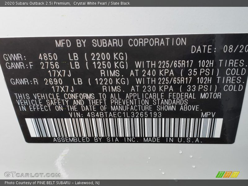 Crystal White Pearl / Slate Black 2020 Subaru Outback 2.5i Premium
