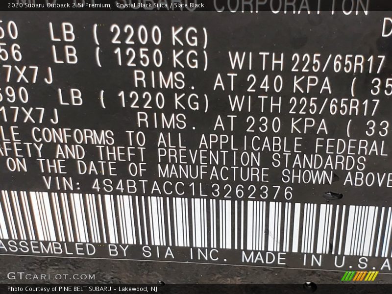 Crystal Black Silica / Slate Black 2020 Subaru Outback 2.5i Premium