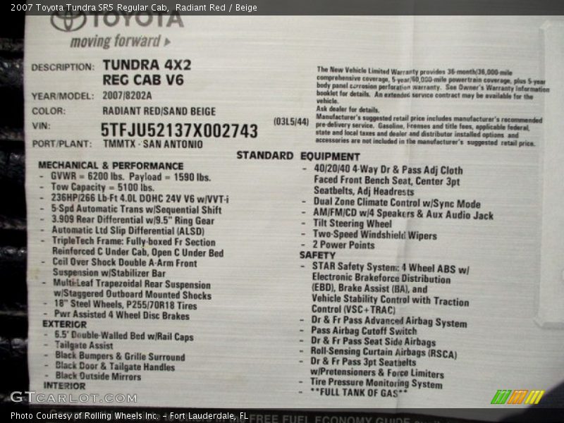 Radiant Red / Beige 2007 Toyota Tundra SR5 Regular Cab