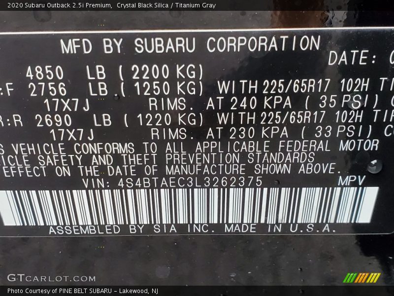 Crystal Black Silica / Titanium Gray 2020 Subaru Outback 2.5i Premium