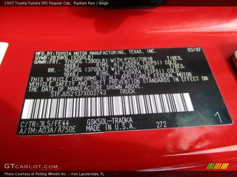 Radiant Red / Beige 2007 Toyota Tundra SR5 Regular Cab