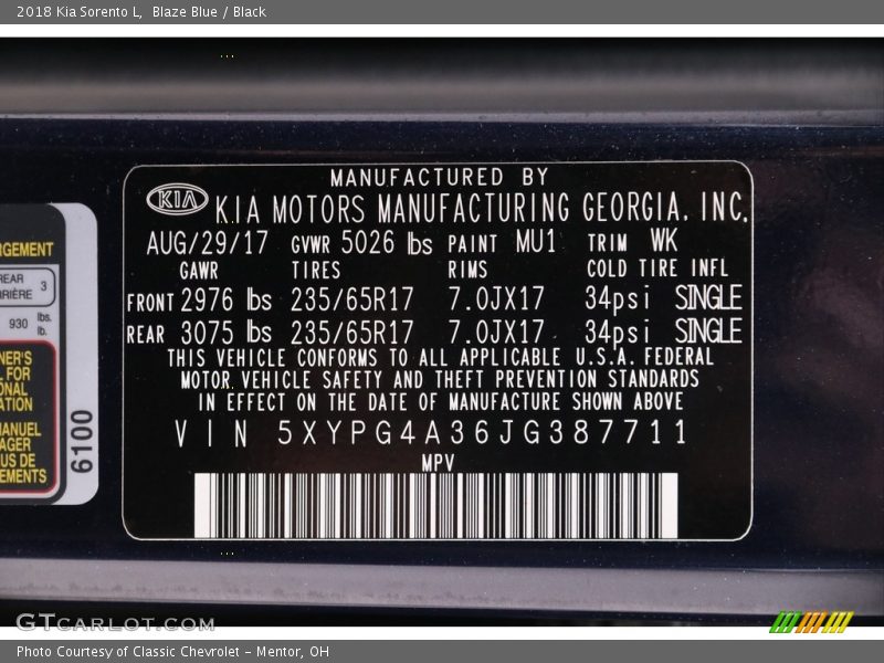 2018 Sorento L Blaze Blue Color Code MU1