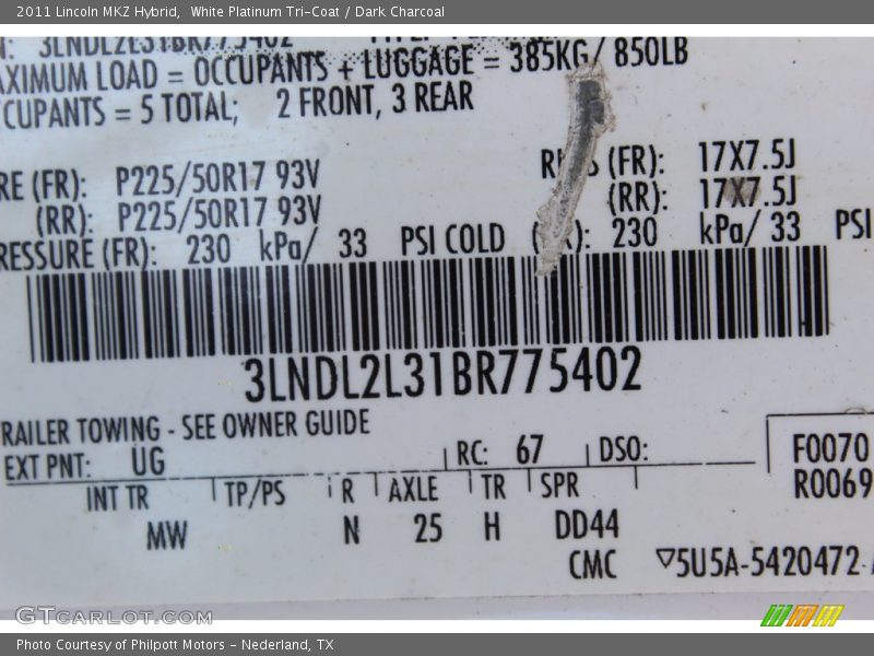 2011 MKZ Hybrid White Platinum Tri-Coat Color Code UG
