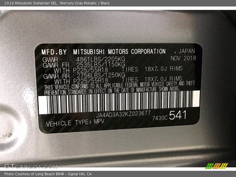 Mercury Gray Metallic / Black 2019 Mitsubishi Outlander SEL