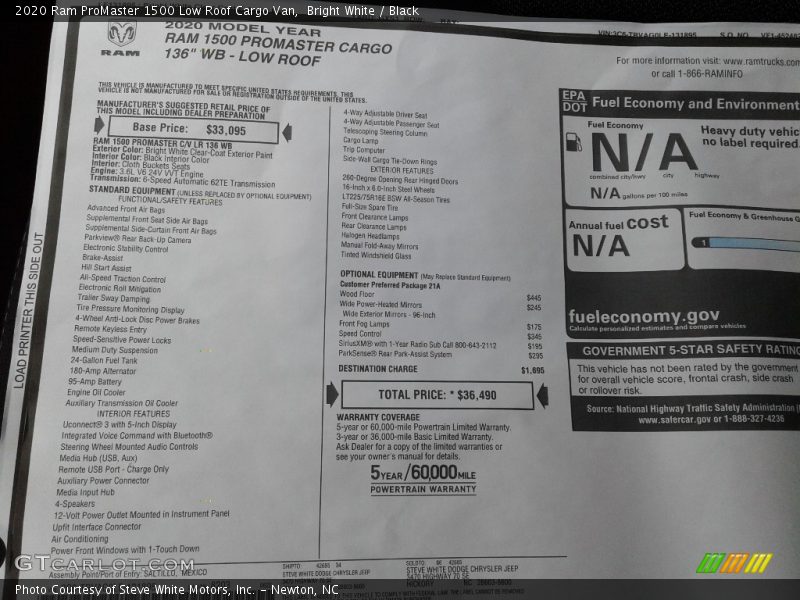Bright White / Black 2020 Ram ProMaster 1500 Low Roof Cargo Van