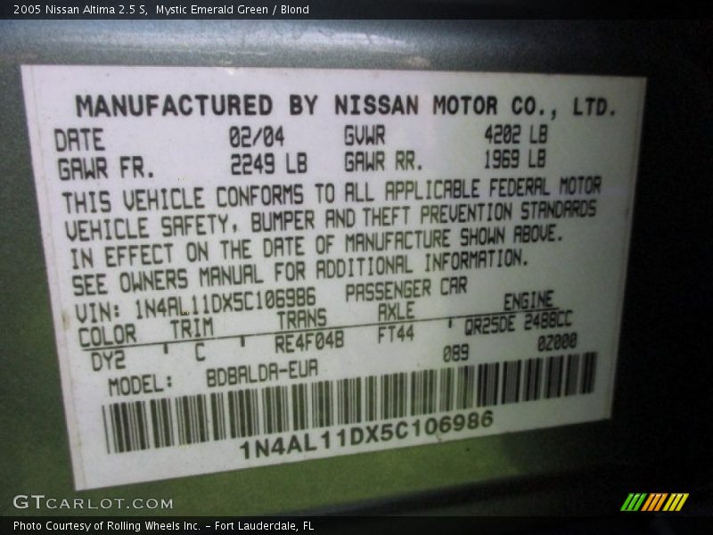 Mystic Emerald Green / Blond 2005 Nissan Altima 2.5 S