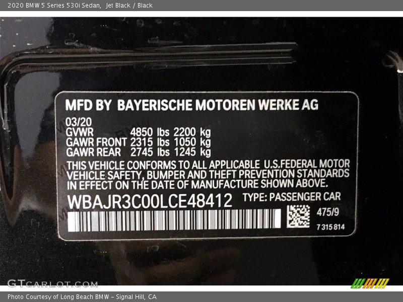 Jet Black / Black 2020 BMW 5 Series 530i Sedan