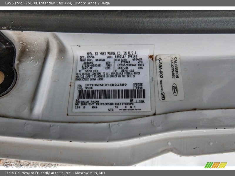 Oxford White / Beige 1996 Ford F250 XL Extended Cab 4x4